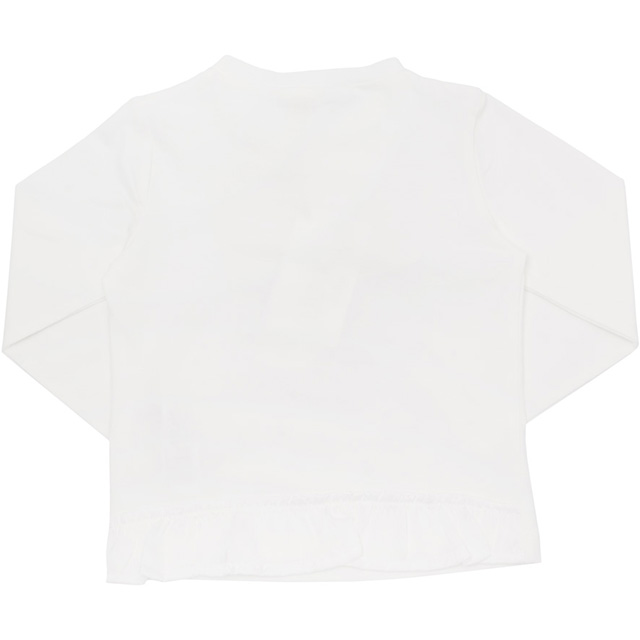 Белая детская футболка. Рисунок украшен стразами, сзади низ футболки украшен воланом из искусственного шелка. Фото: 3